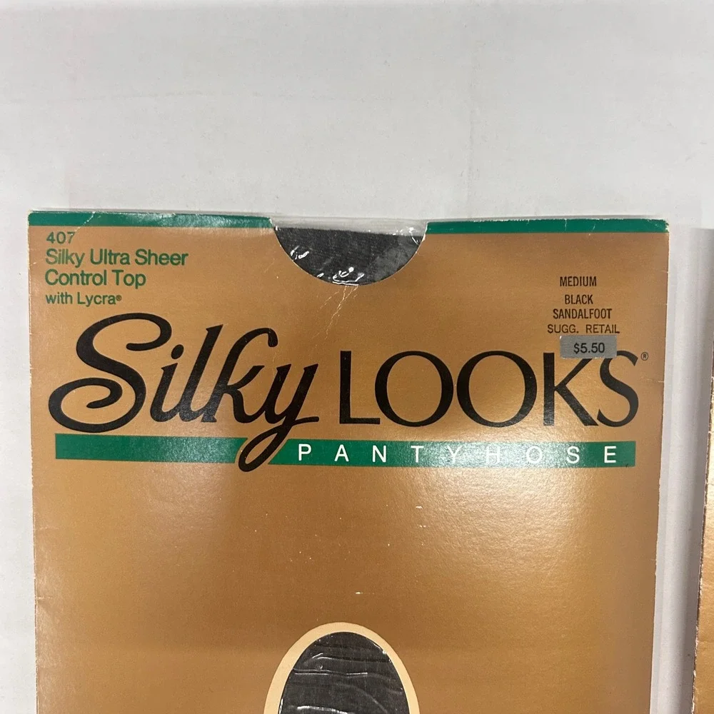 2 Pair Vintage 80s Silky Looks Ultra Sheer Control Top Pantyhose M Black NOS